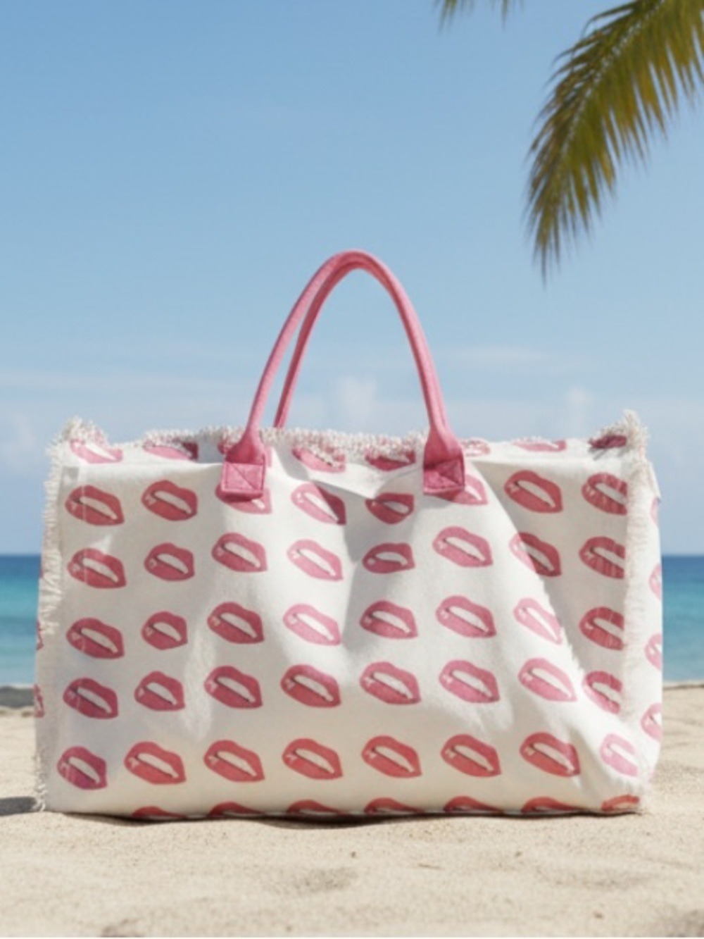 Two to Five Extra Large Hot Pink & White Lips Print Tote Beach Bag Fringed Edges